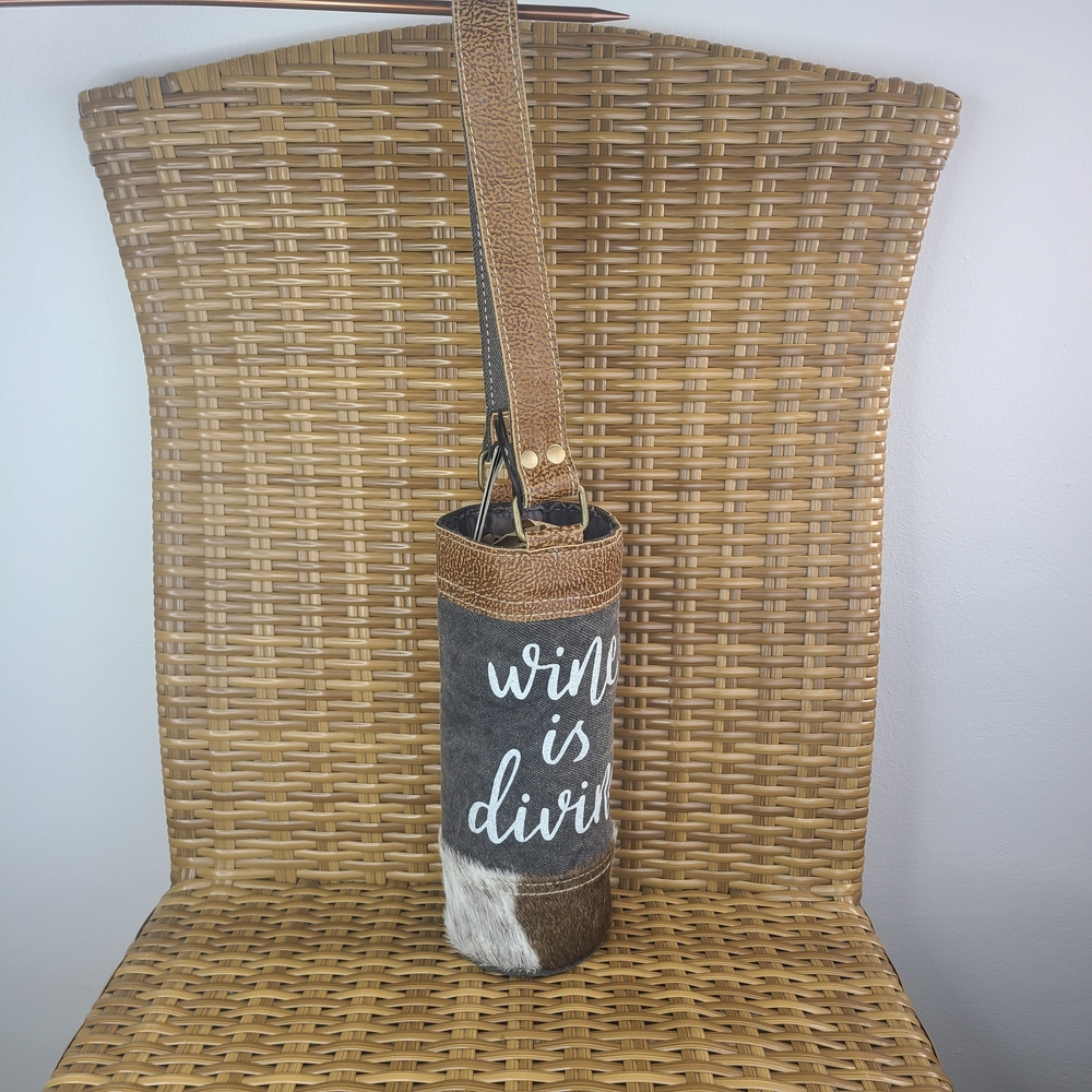 Myra Wine Bag "Wine Is Divine" Canvas Leather Cowhide Gray Brown NWT